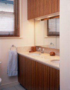 Bathroom cabinets made from Zebrano veneer.