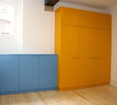 Children’s Wardrobes and cabinet spray-painted with recess handles.